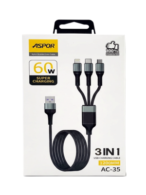 ASPOR AC-35 3-in-1 Nylon Braided USB Charging Cable (60W / 1200mm)