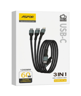 ASPOR AC-36 3-in-1 USB-C Super Charging Cable (60W / 1200mm)