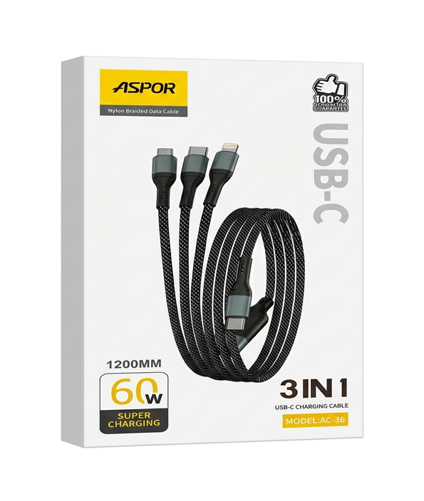 ASPOR AC-36 3-in-1 USB-C Super Charging Cable (60W / 1200mm)