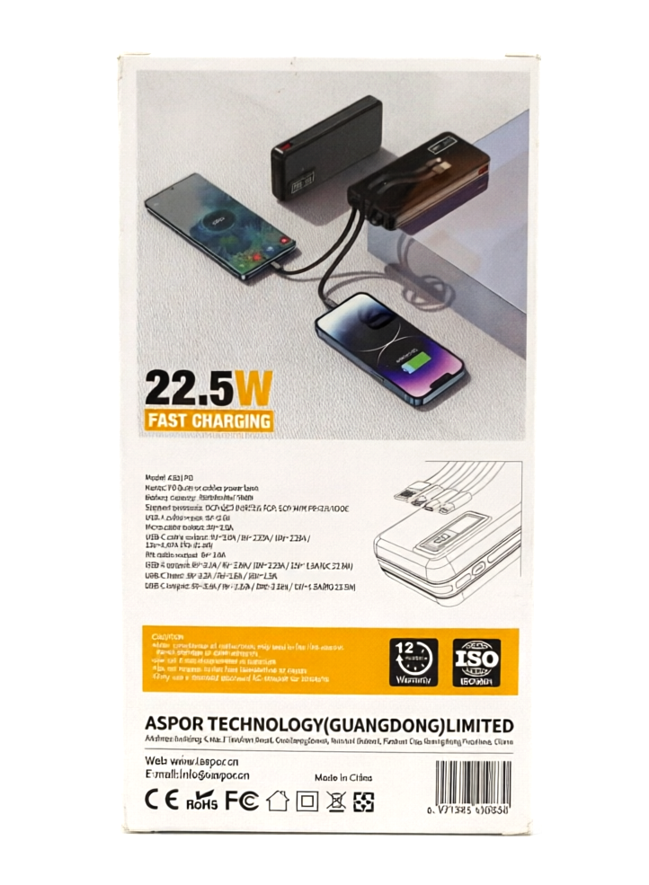 ASPOR A301 PD 22.5W Power Bank (20000mAh) with Built-in Cables - Image 2