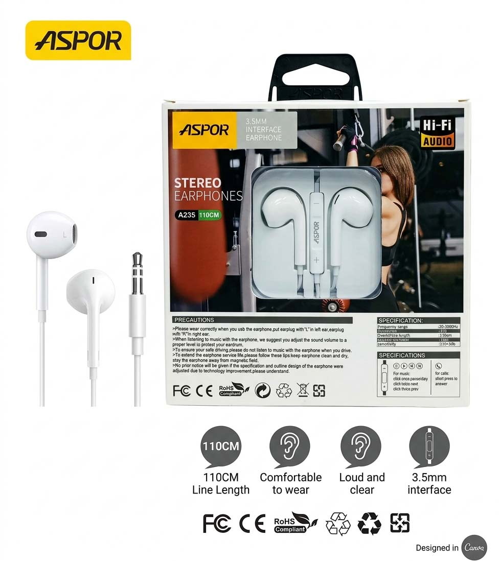 ASPOR A235 3.5mm Wired Stereo Earphones - Image 3